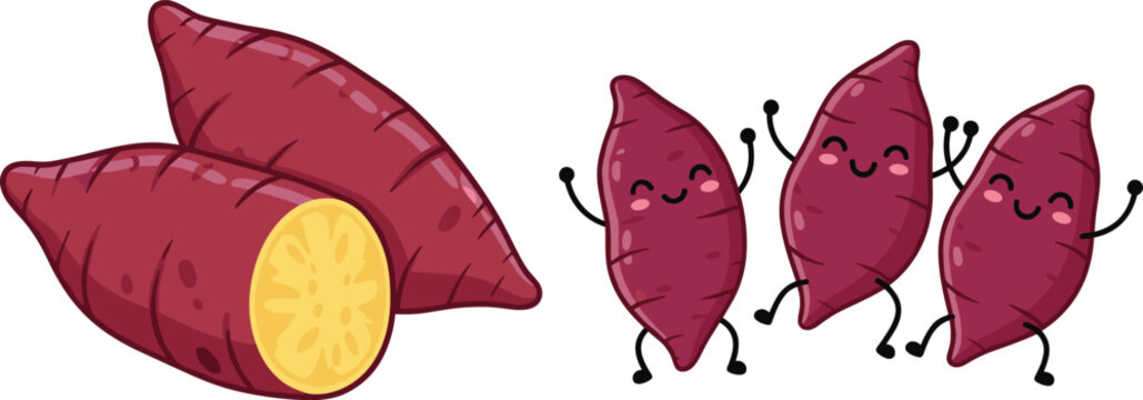 Sweet potato cartoon vector set. Cute yam characters and sliced root vegetable. Funny food mascots collection for stickers, kids design and healthy food concept.