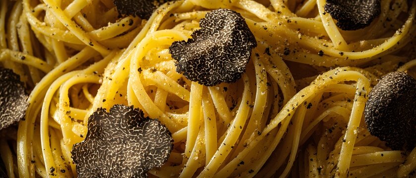 Gourmet spaghetti pasta dish garnished with thinly sliced fresh black truffles served in a warm rustic kitchen setting with soft natural lighting and appetizing texture