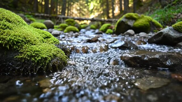 Tranquil forest stream flows with clear water over mossy rocks in nature's serene wilderness