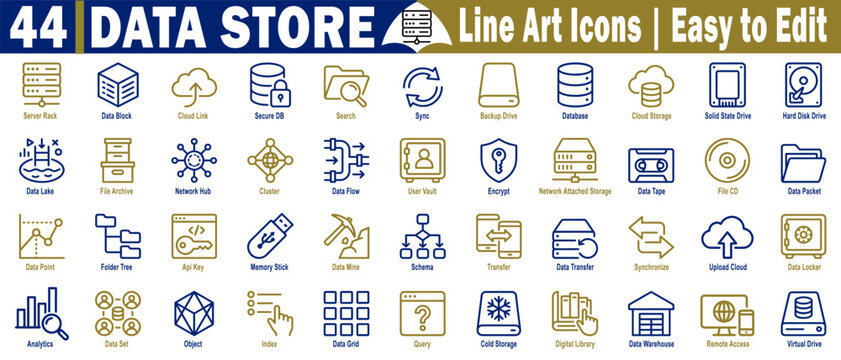 Data store line art icons set. Computer network infrastructure symbols, cloud computing elements, and information management icons for web design. vector illustration.