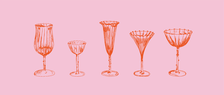 Collection of five elegant wine and cocktail glasses, red line art on pink background. Vintage style barware set illustration, hand-drawn glassware engraving. Minimal Hand Drawn Cocktail Vector 