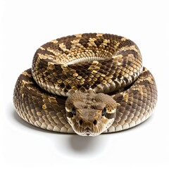 Obraz premium Detailed studio photograph of a venomous rattlesnake coiled in a resting position isolated on a white background, showing textured brown and tan scales and the triangular head.