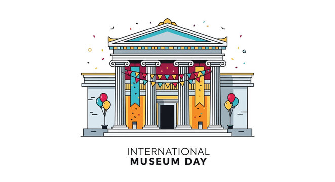 Festive illustration of a classical building celebrating international museum day