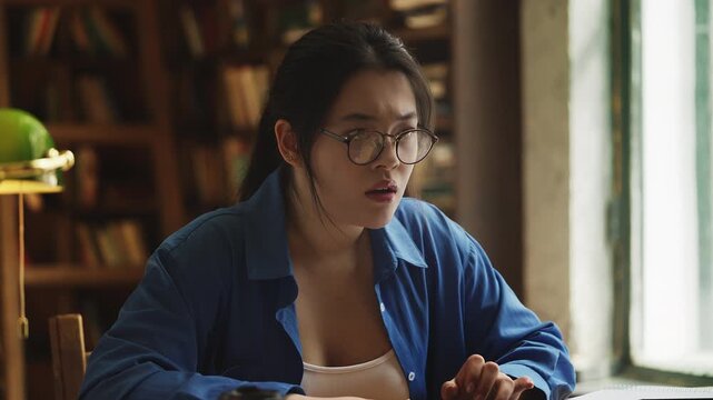 Korean woman in eyeglasses reading bad news email, shocked by project loss