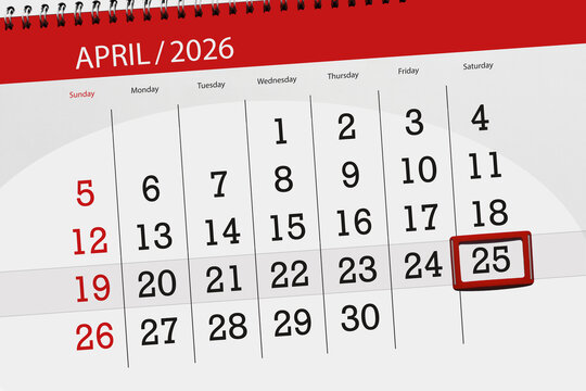 Calendar 2026, deadline, day, month, page, organizer, date, April, saturday, number 25
