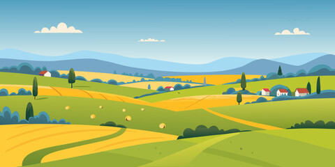 Rolling hills and farmland under a bright blue cloudy sky © Tasnim