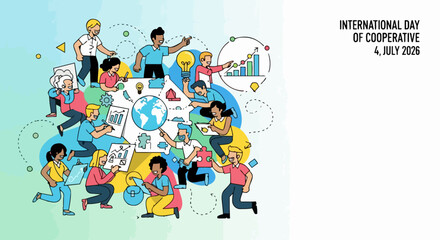 Fototapeta premium Diverse people collaborating on projects, celebrating international day cooperative. Team working with global ideas, charts, lightbulbs, emphasizing international day cooperative principles.