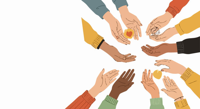 Illustrative image shows helping hands reaching inward, some holding heart shapes, symbolizing compassion. Diverse skin tones and colorful sleeves emphasize unity, collaboration, and mutual support.