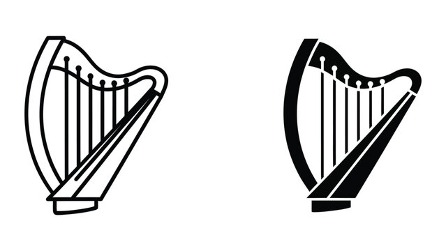 Two contrasting illustrations of a harp instrument with different artistic styles