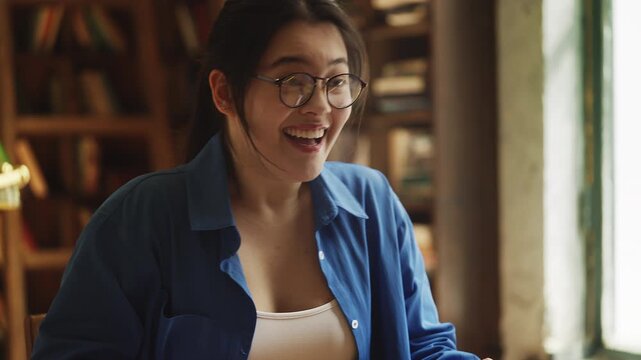 Young Korean woman in glasses receiving good news email, accepted into academy