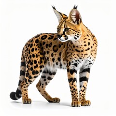 Naklejka premium Full body studio portrait of an African serval cat standing against a plain white background, featuring its characteristic spotted golden fur, long legs, and large pointed ears.