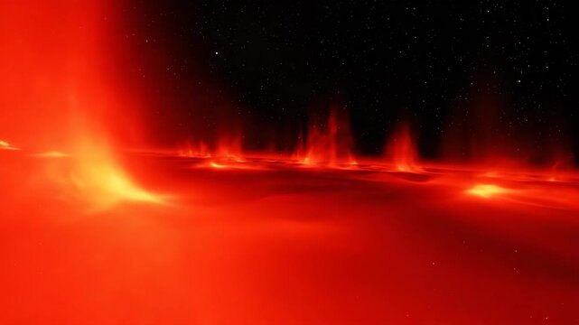 Energetic red surface with flares in dark space, a vibrant Solar flare background. Space, astronomy, fire, surface, sun, flares, energy.