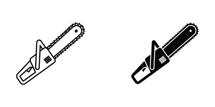 Comparison of a manual and a powered chainsaw design in black and white illustration