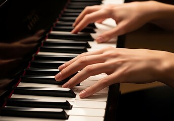 Obraz premium Piano keys played with grace, hands creating beautiful melody sound