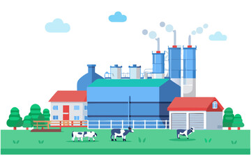 Fototapeta premium Rural landscape featuring a factory farmhouses cows and a cloudy sky