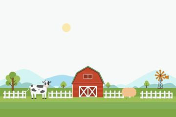 A serene farm scene featuring a red barn cow and rolling hills © Lolita