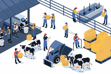 Isometric illustration of a busy modern dairy farm with workers and cows © Lolita