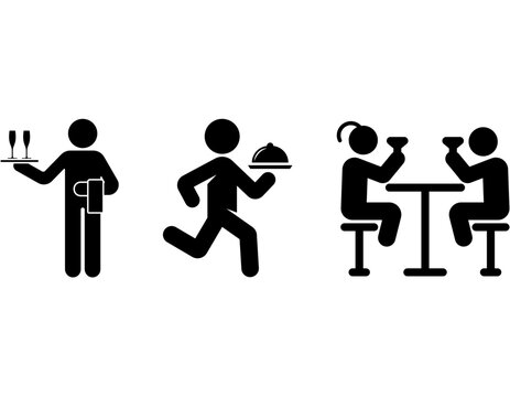 Stick figures depicting restaurant staff serving customers and people enjoying drinks at a table.