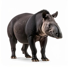 Fototapeta premium Full body studio portrait of a South American lowland tapir standing centered against a plain white background. Detailed view of the herbivorous mammal's dark grey skin, flexible snout, and ears.