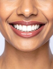 Naklejka premium Smiling woman with white teeth closeup.