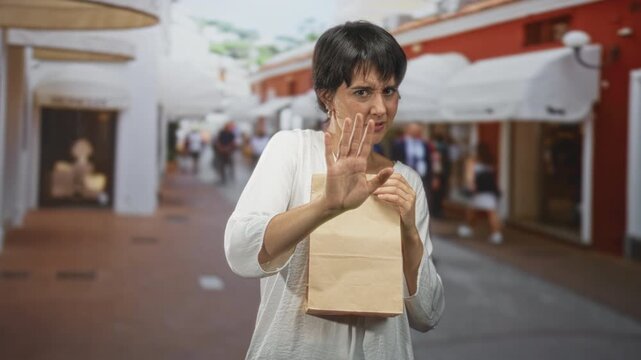 Woman holding paper bag with palm out stop gesture on a busy street, grimacing as if smelling something unpleasant; disgust refusal.