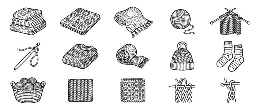 Collection of black and white line art illustrations depicting various knitted and crocheted items and tools