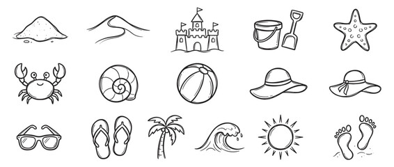 Fototapeta premium Collection of hand-drawn black and white summer beach icons, including sand, dunes, a sandcastle, bucket, shovel, starfish, crab, seashell, beach ball, sun hats, sunglasses, flip-flops, palm
