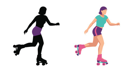 Fototapeta premium Woman roller skating depicted in color and a dark silhouette