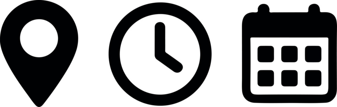 Calendar, clock, and location pin icons. Time, date, and address icon vector set for events, banner, poster, meeting, agenda, invitation and business cards.