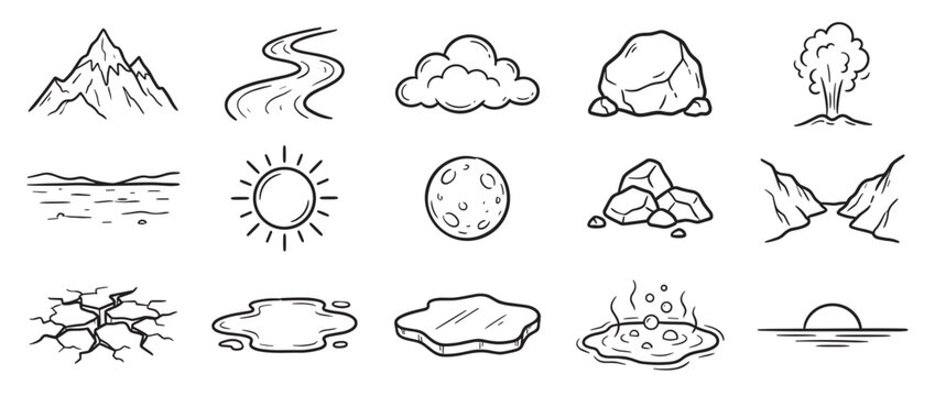 Collection of hand-drawn natural elements including mountains, rivers, sun, moon, clouds, rocks, and water features, depicted in a simple, doodle style