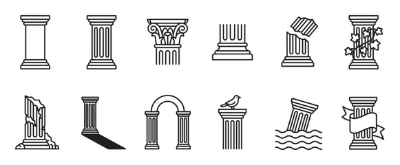 Fototapeta premium Collection of various black outline ancient Greek and Roman column icons displayed in a clean, minimalist style