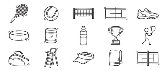 Fototapeta premium Collection of hand-drawn tennis equipment and related items, including rackets, balls, nets, and a trophy, presented in a doodle style