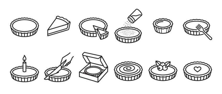 Collection of black outline pie and tart icons showing different stages of preparation and serving, presented in a clean, graphic style