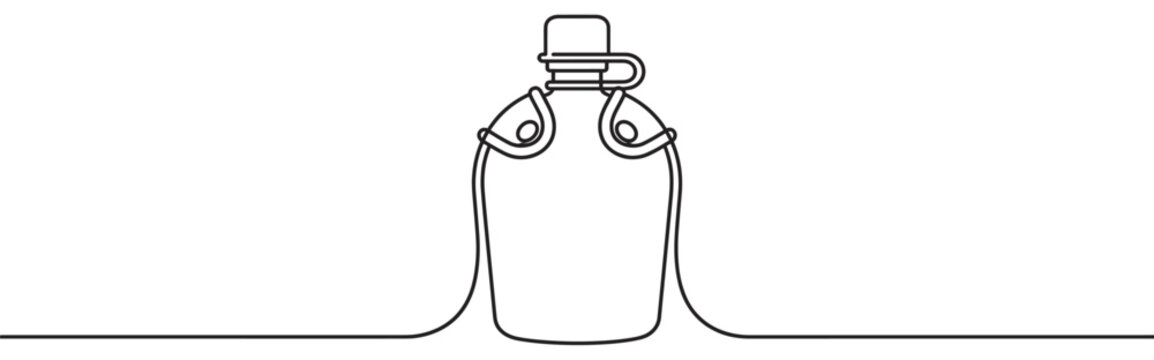 Simple black line art drawing of a classic military canteen with a cap and carrying straps