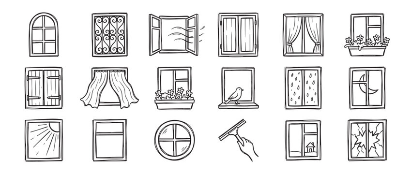 Collection of hand-drawn window illustrations depicting various styles, weather, and scenes in a doodle art style