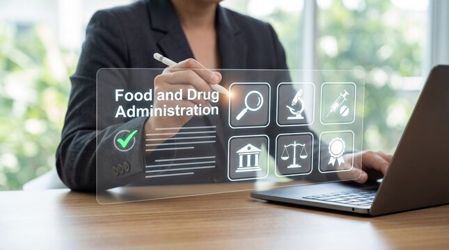 Business professional interacting with a digital interface for Food and Drug Administration compliance