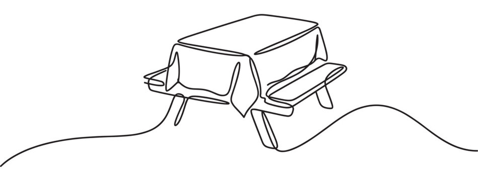 Simple black line art drawing of a picnic table with a tablecloth, rendered in a continuous single line style
