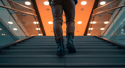 Obraz premium Business professional walking down modern escalator in corporate office building with warm lighting