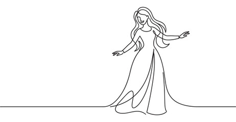 Fototapeta premium Beautiful young woman in a flowing dress is depicted in a continuous line art drawing, smiling with arms outstretched
