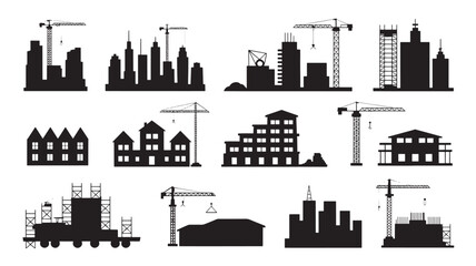 Fototapeta premium City skyline and construction silhouette icon set