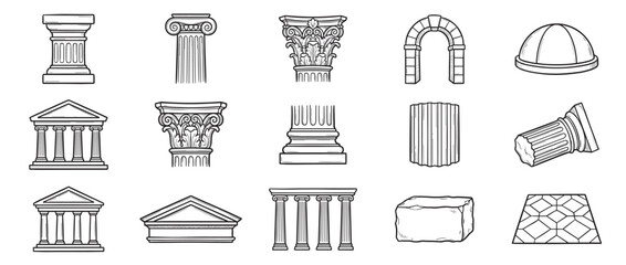 Fototapeta premium Various hand-drawn architectural elements, including classical columns, arches, and building fragments, are depicted in a clean, illustrative style