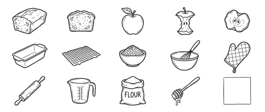 Collection of hand-drawn black and white baking ingredients and kitchen tools, including bread, apples, flour, and a rolling pin