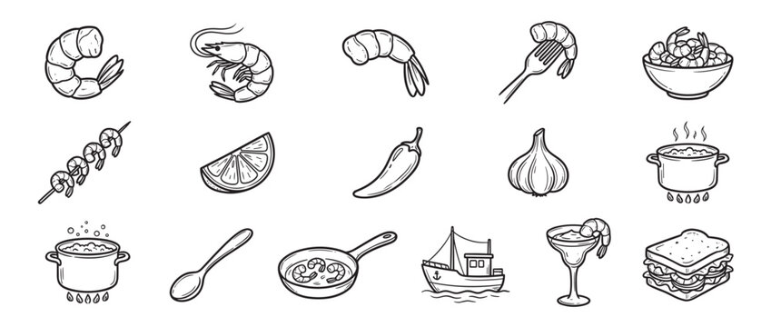 Collection of hand-drawn black and white icons depicting various shrimp dishes, cooking ingredients, and kitchen items in a clean, illustrative style