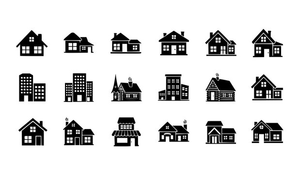 Black House Silhouette Icons Set Residential Property Symbols Vector