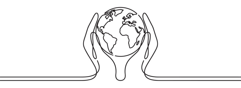 Two human hands gently cradling a detailed outline of the Earth, rendered in a continuous single line art style