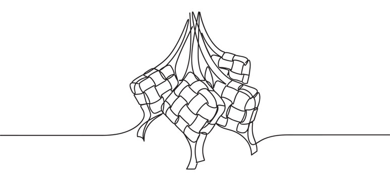 Three woven ketupat rice dumplings are depicted in a continuous single black line art drawing on a clean white surface