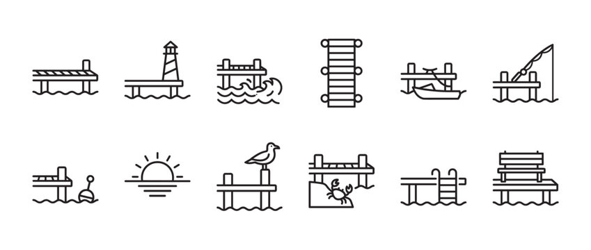 Collection of black outline vector icons depicting various pier and dock related elements with water