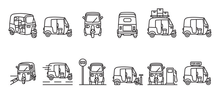 Collection of various line art auto rickshaw icons depicting different angles, actions, and situations