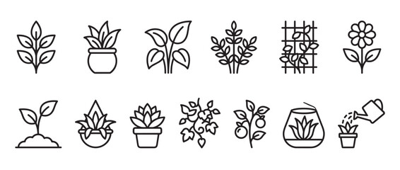Obraz premium Collection of various plant and gardening line icons, including potted plants, sprouts, flowers, and watering cans, presented in a clean, minimalist style