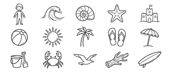 Fototapeta premium Collection of fifteen black and white hand-drawn summer and beach-themed doodle icons, perfect for vacation designs